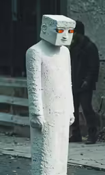 a person walking past a white statue