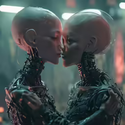 two alien like people kissing in a city