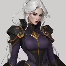 a white haired woman in a black and purple outfit