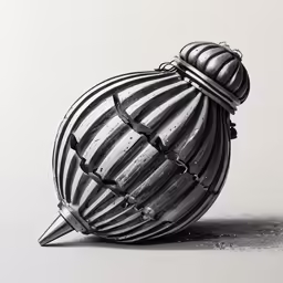 a striped vase sitting on the ground with its lid down