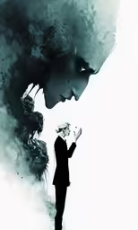 a man is standing in the dark smoke as he looks at his phone