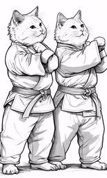 two cats practicing karate moves on a white background