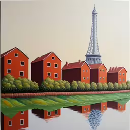 this is a painting of a city by water,a painting that has a tower and buildings on it