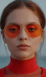 a model wearing aviator sunglasses in front of the ocean