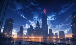 the skyline is lit up as dusk reflects in the water