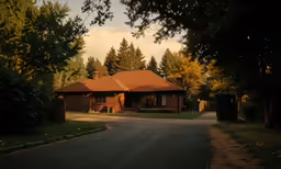 a red house in the sun between some trees