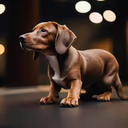 brown and white puppy standing on black surface with his front paws down