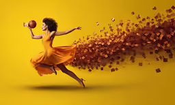 a young woman dressed in an orange dress is juggling