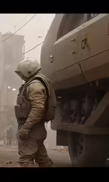 a soldier in full fatigues and a helmet near a military vehicle