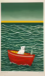 an illustration of a dog in a small boat,an image of a dog in a boat on water