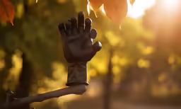a man in latex gloves reaches up to catch a leaf