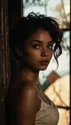 a woman wearing a strapless dress poses by a window