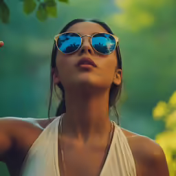 woman in shades is standing next to a tree and smoking