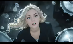 an attractive blonde girl with blue eyes looking at the camera