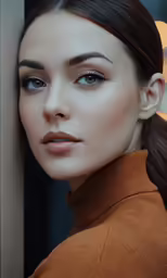 a woman with makeup is posing by a window