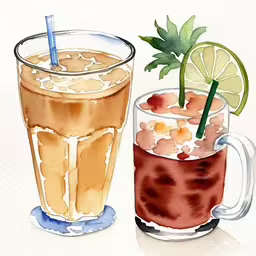 a drawing of two iced beverages next to each other,a painting of two cups that are next to each other
