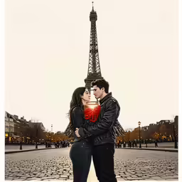 a man and woman hugging near the eiffel tower