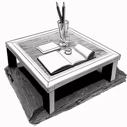 a table with a glass and book is in the middle