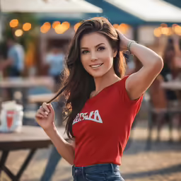 the young woman has a red shirt on