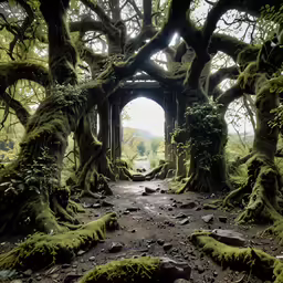 an abandoned tunnel with huge, mossy trees