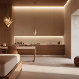 the large, modern kitchen is surrounded by glass walls