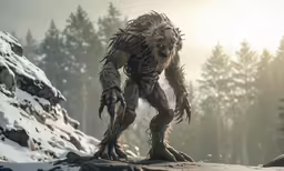 a monster stands in the middle of a snowy terrain