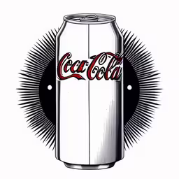 a can of coca cola in a white background,a black and white photo with a red coca - cola can,a drawing of a can of soda,a drawing of the word coke with a sunburst,a coke can with the word coca cola on it