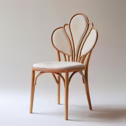 a wooden chair with a upholstered back and a white cushion