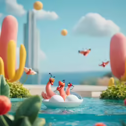 an image of two flamingos floating in the water