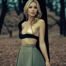 a beautiful blond in black and gold, standing by trees