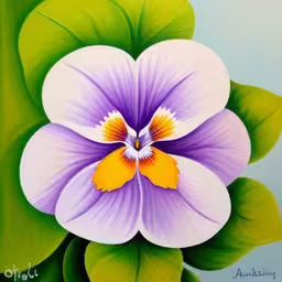 a painting of a flower on a green leaf,painting of an orchid with green leaves and purple flower