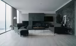 the living room is filled with contemporary furniture