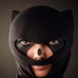 a woman in a black hood and cat mask