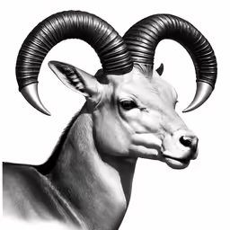 a goat with large horns standing in a line