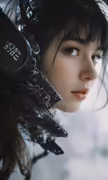 a woman with a sci - fily gun and head phones around her neck