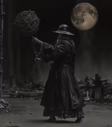 a man with a full moon stands holding an umbrella