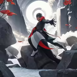 a man with red cape in front of some rocks