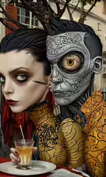 two 3d illustration art pictures of people drinking a beverage