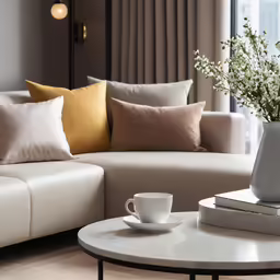 a living room with a couch and table with a vase