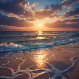 sun rising over the ocean near a sandy beach