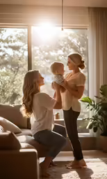 a woman holding a baby in her arms and a little girl standing next to her