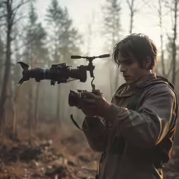 man holding camera set up on tripod in forest