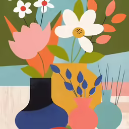 a painting that has a vase with flowers