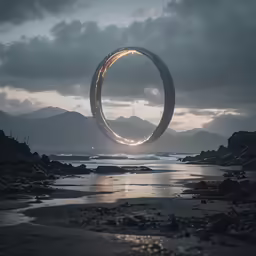 a large metal object is over a body of water