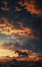 a horse that is walking on a hill under a cloudy sky