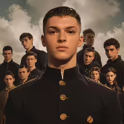a group of men standing in front of a cloudy sky