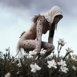 the woman is sitting in the grass and posing for a picture