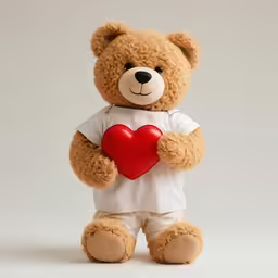 a brown teddy bear wearing white holding a red heart
