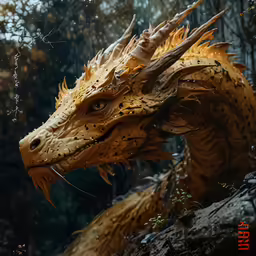 a yellow and brown dragon sculpture in the woods