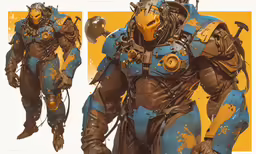 two views of a robotic man in blue and brown armor